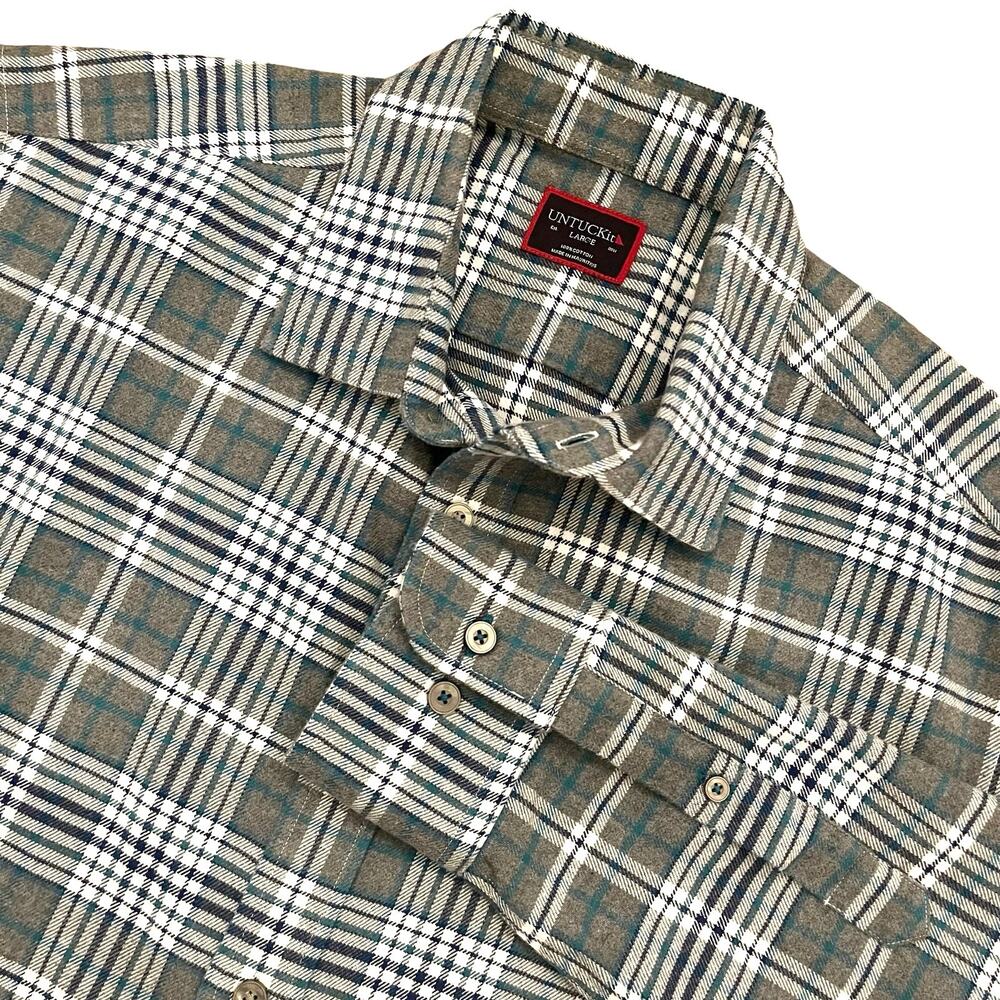 Untuckit Mens‎ Flannel Button Shirt L Gray Plaid Quenterra Long Sleeve Cotton